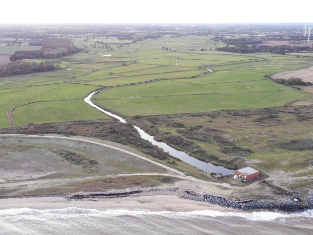 Aerial view of EA pumping station on coast with Benacre and Kessingland Valley behind Oct 2025