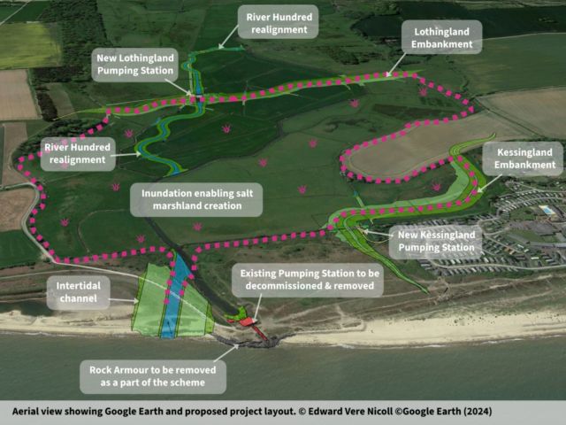 Over lay of Benacre and Kessingland Project Layout Plan, showing positions of new emankments, pumping stations, intertidal channel and saltmarsh
