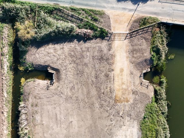 Aerial image of Magdalen Bridge Outfall Completed, inlet to the left and outfall to the right of image