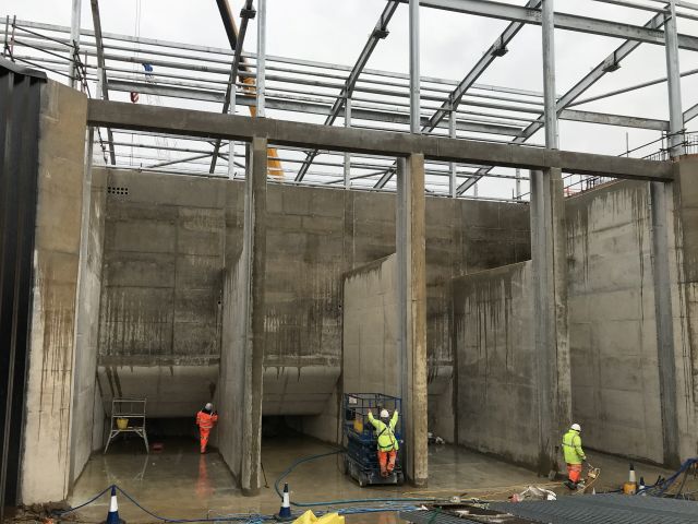 Construction of Islington Pumping Station Inlet, showing the building as a shell above in March 2021