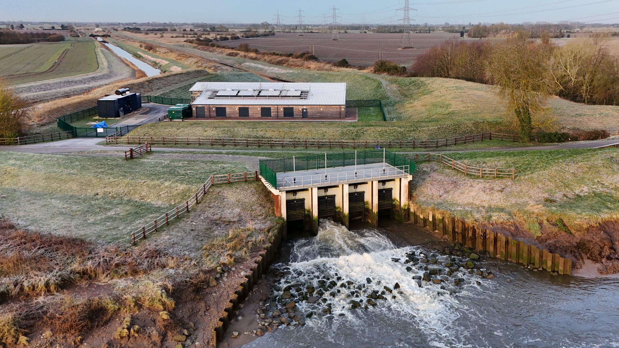 Aerial of Islington Pumping Station Outfall - pumping out into the Great River Ouse Jan 24