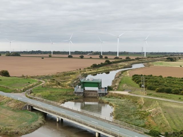 Sutton Sluice and windfarm in South Holland arable landscape