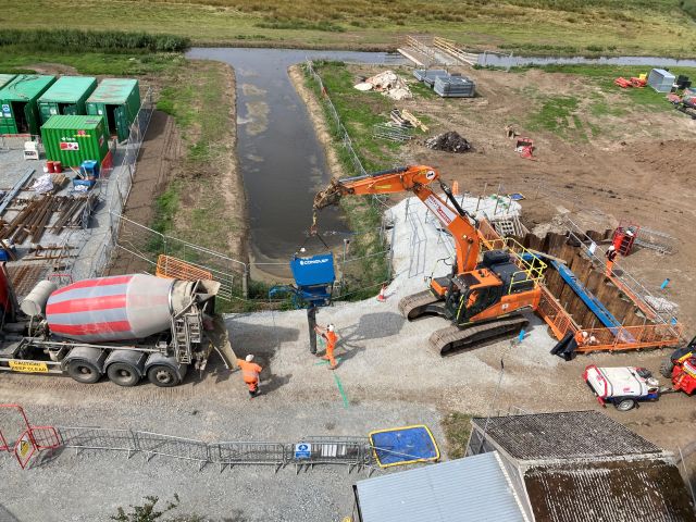 Horsey Intake Concrete Pour_July25 - excavator and concrete lorry on site