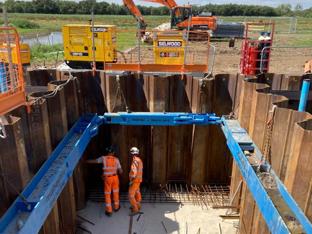 Reinforcing bars within the newly sheet piled intake at Horsey _July25