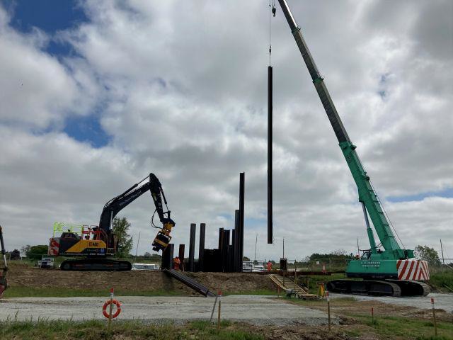 St Benets Outfall Piling with large excavator and crane onsite May 25